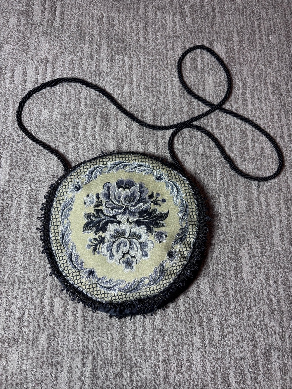 Round Floral Embroidered Crossbody Bag in Cream and Black